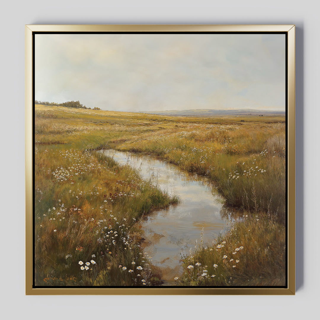 The Marshland Stream Canvas Art features a peaceful meadow with wildflowers, tall grasses, and a winding stream beneath a cloudy sky. Warm earthy tones bring calm, making it perfect wall decor for your living room.
