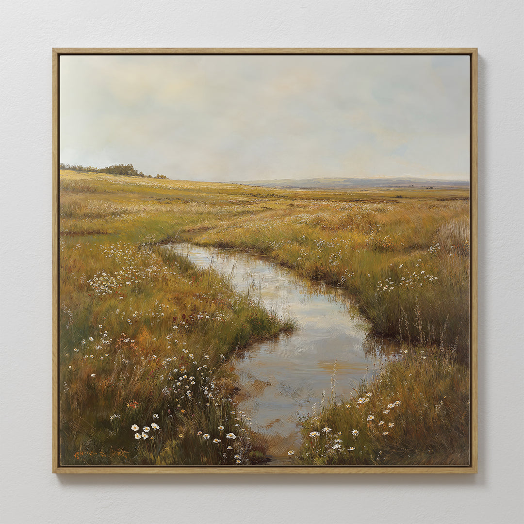 The Marshland Stream Canvas Art features a serene landscape with a winding stream through grassy fields, bringing calm and natural beauty to your living room decor.