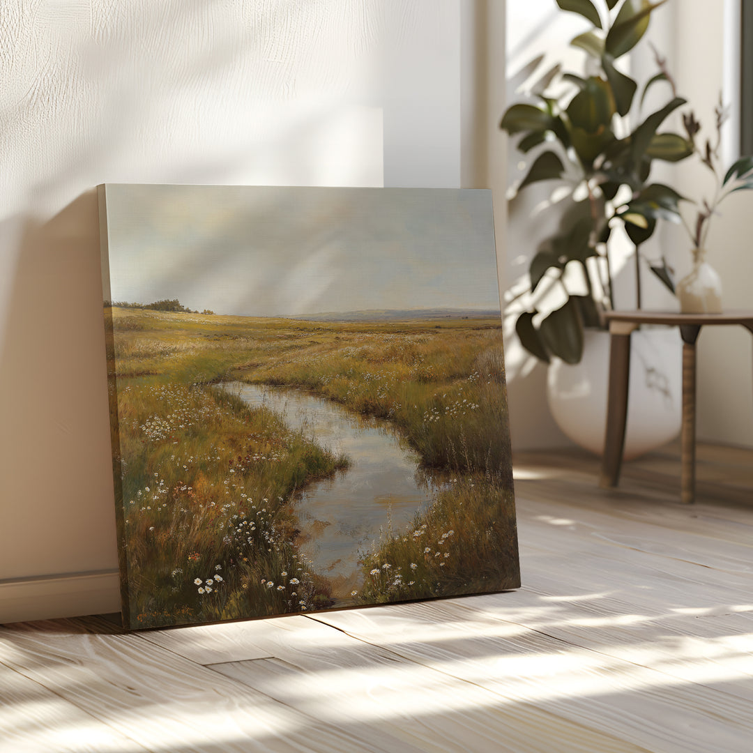 The Marshland Stream Canvas Art, depicting a grassy meadow and stream, rests against a white wall in a sunlit room with hardwood floors—ideal as marshland wall art for your living room. A potted plant and small table with vase are seen in the background.