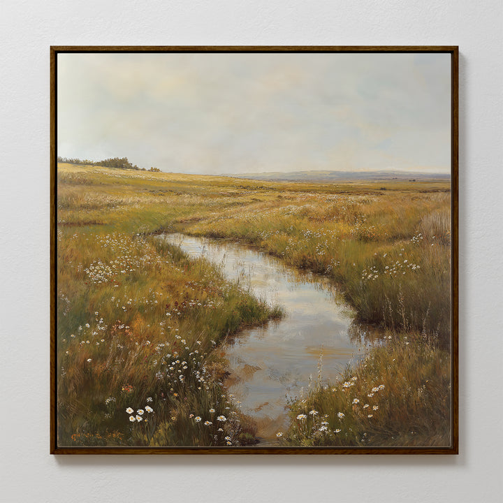 The Marshland Stream Canvas Art showcases a peaceful meadow with wildflowers, tall grass, and a reflective stream—an ideal addition to serene living room decor.