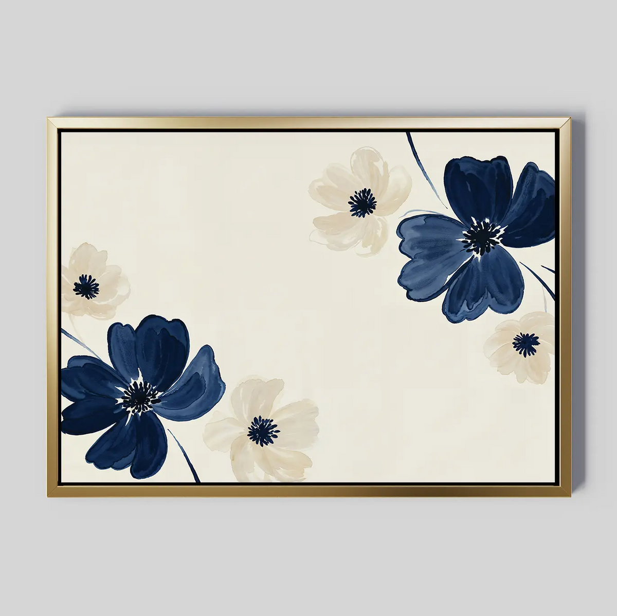 The Midnight Garden Canvas Art is a framed minimalist wall decor with blue and beige flowers with dark centers along the right and bottom edges, adding a modern abstract floral touch to any space.