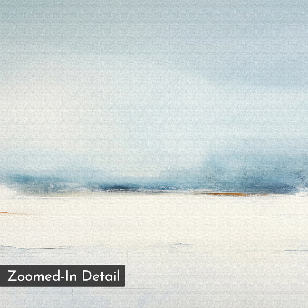 Misty Morning Canvas Art – Vertical features soft blue and white tones blended smoothly for a serene, misty effect. A “Zoomed-In Detail” label at the bottom left makes it perfect minimalist wall art for calm, tranquil home decor.