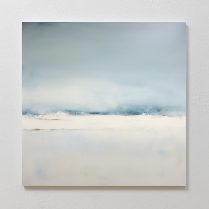 The Misty Morning Abstract Canvas Art features soft gradients of blue, white, and pale gray, evoking a calm sky over a serene landscape—perfect wall decor with gentle, blurred transitions for a neutral home.