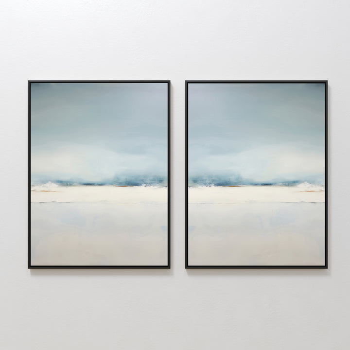 The Misty Morning Set of 2 features framed Nordic Park abstract prints in soft blue, white, and beige, displayed side by side on a white wall for a minimalist look that creates a tranquil atmosphere.