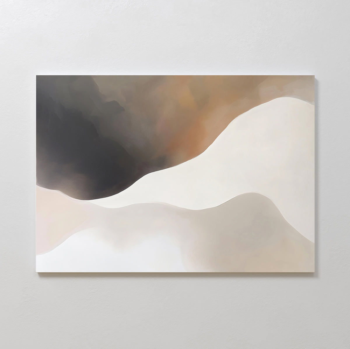 The Misty Silhouette Canvas Art – Horizontal features soft, wavy shapes in beige, cream, brown, and black. Its abstract design resembles flowing sand dunes, making it a perfect modern accent for your living room wall decor.