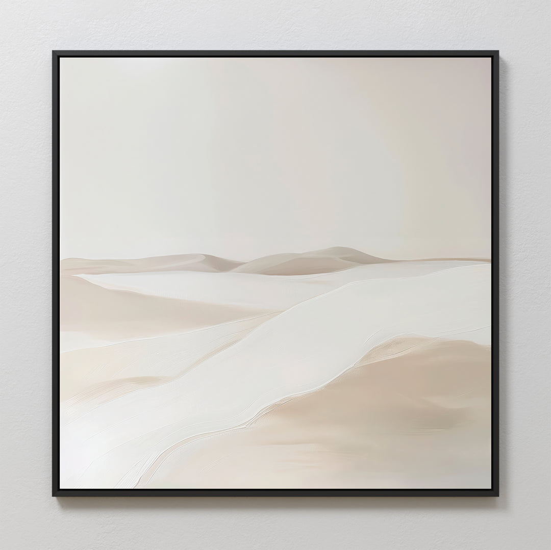 Misty Vale Abstract Canvas Art features minimalist sand dunes in beige and cream with smooth lines and subtle shading, framed in a thin black border—perfect for enhancing your living room or bedroom decor.