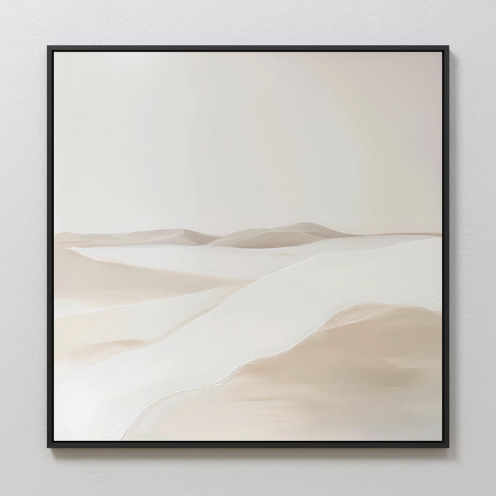 Misty Vale Abstract Canvas Art features minimalist sand dunes in beige and cream with smooth lines and subtle shading, framed in a thin black border—perfect for enhancing your living room or bedroom decor.