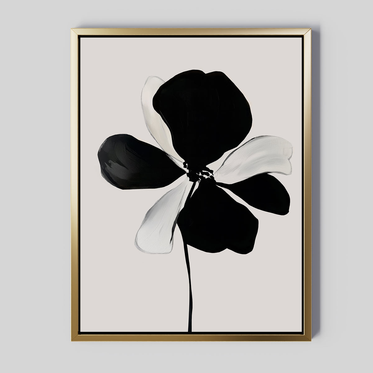 Monochrome Flora Abstract Canvas Art features a black and white floral print with large petals, a thin black stem, and light gray background in a gold frame—ideal minimalist wall art for contemporary spaces.