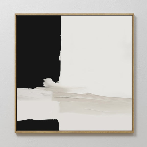 Monochrome Harmony Abstract Canvas Art features bold black and white blocks with horizontal and vertical lines, subtle beige brushstrokes, and a wooden frame—perfect modern minimalist wall decor for any space.
