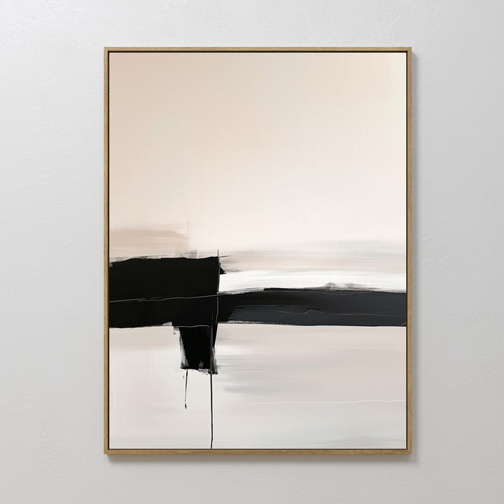 Monochrome Horizon Abstract Canvas Art features bold black brushstrokes on a beige and white background, framed in simple wood—perfect modern wall art to elevate your living room decor on any plain white wall.