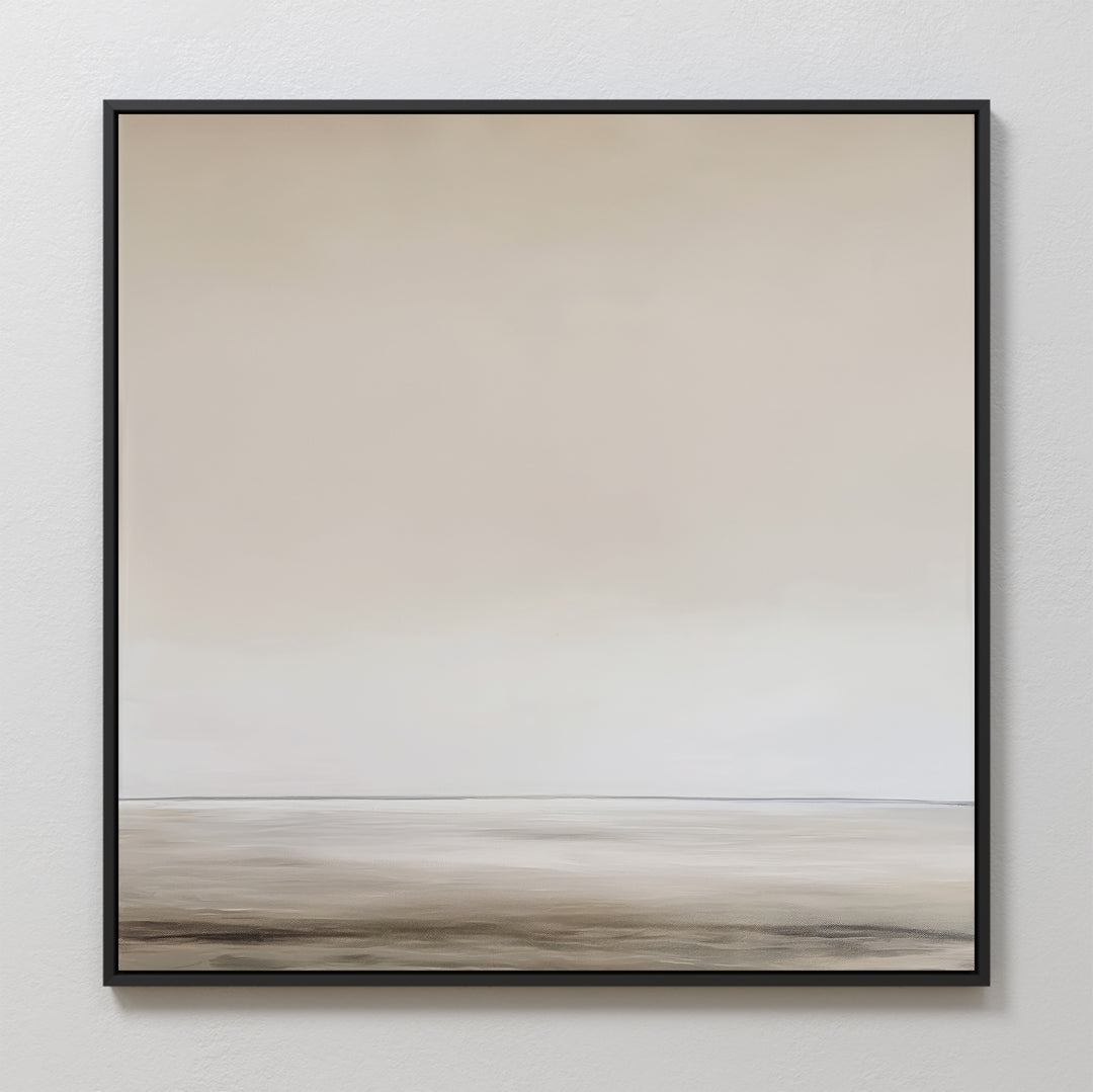 The Morning Mist Abstract Canvas Art, in a black frame, features a calm beige and light gray landscape with a soft gradient sky and textured ground, bringing modern elegance to your decor.