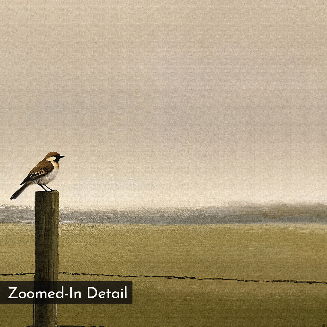 A small bird perches on a wooden fence post beneath a cloudy sky, with barbed wire running along the fence. "Morning Perch Canvas Art"—a zoomed-in detail ideal as minimalist wall decor for earthy interiors.