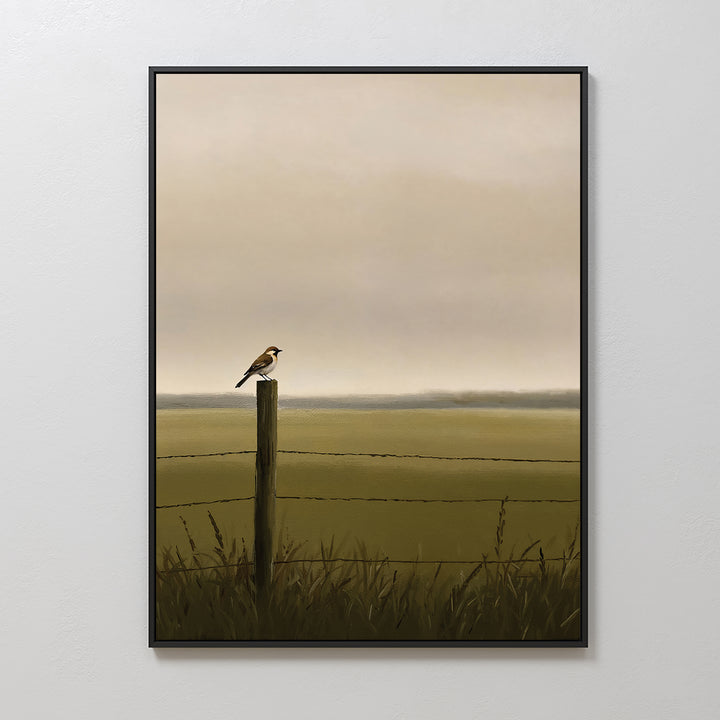 The Morning Perch Canvas Art showcases a small bird on a wooden fence post amid grassy fields and a hazy sky. Ideal for earthy interiors, it brings a calm, pastoral touch to any space.