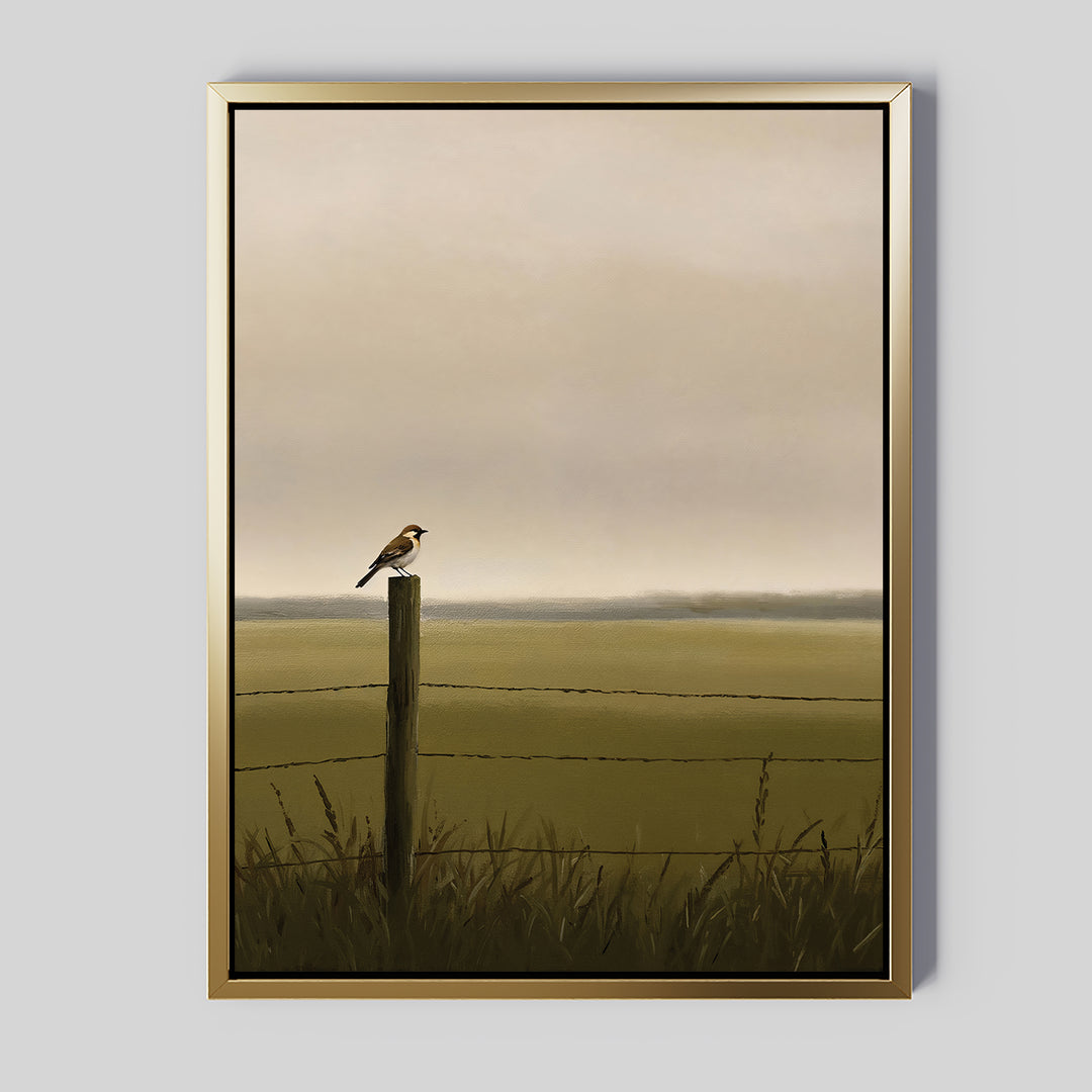 Morning Perch Canvas Art features a minimalist painting of a bird on a fence post in a grassy field under cloudy skies, adding elegant style to earthy interiors.