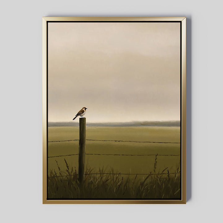 Morning Perch Canvas Art features a minimalist painting of a bird on a fence post in a grassy field under cloudy skies, adding elegant style to earthy interiors.