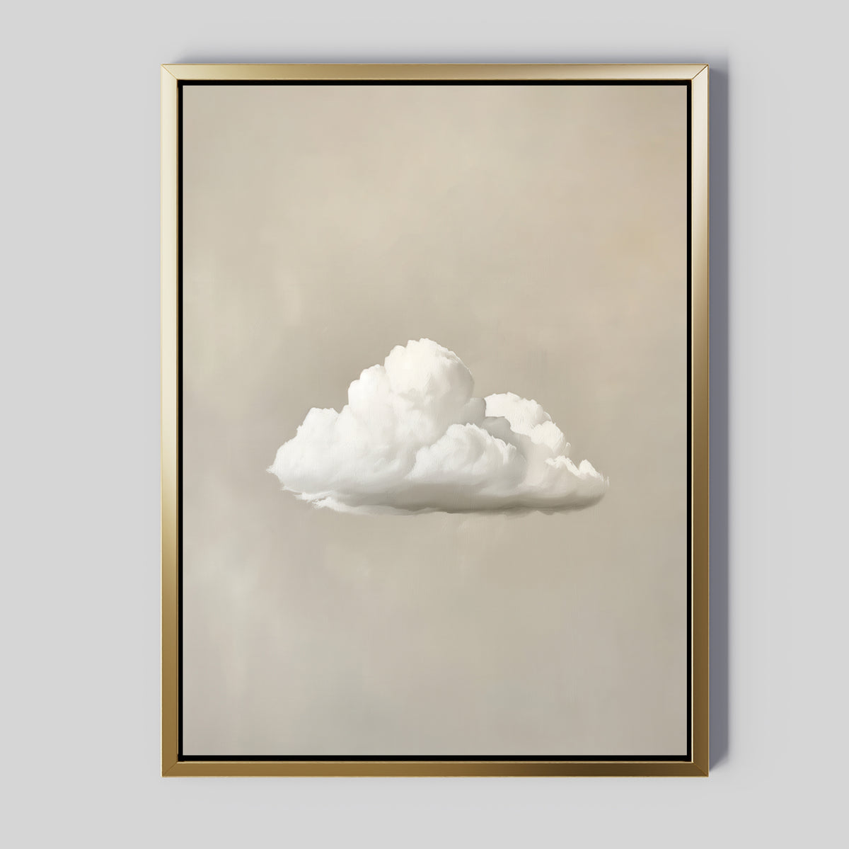 Enhance a plain light gray wall with the Morning Sky Abstract Canvas Art, a framed large wall piece showcasing a realistic white cloud against a smooth, light beige background for serene decor.