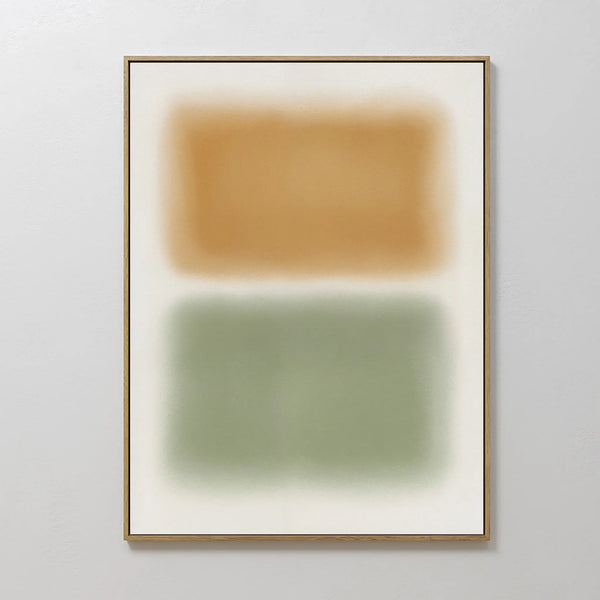 The Morning Whisper Canvas Art showcases two large, soft-edged rectangles—one tan and one green—stacked vertically on a white background and set in a slim gold frame.