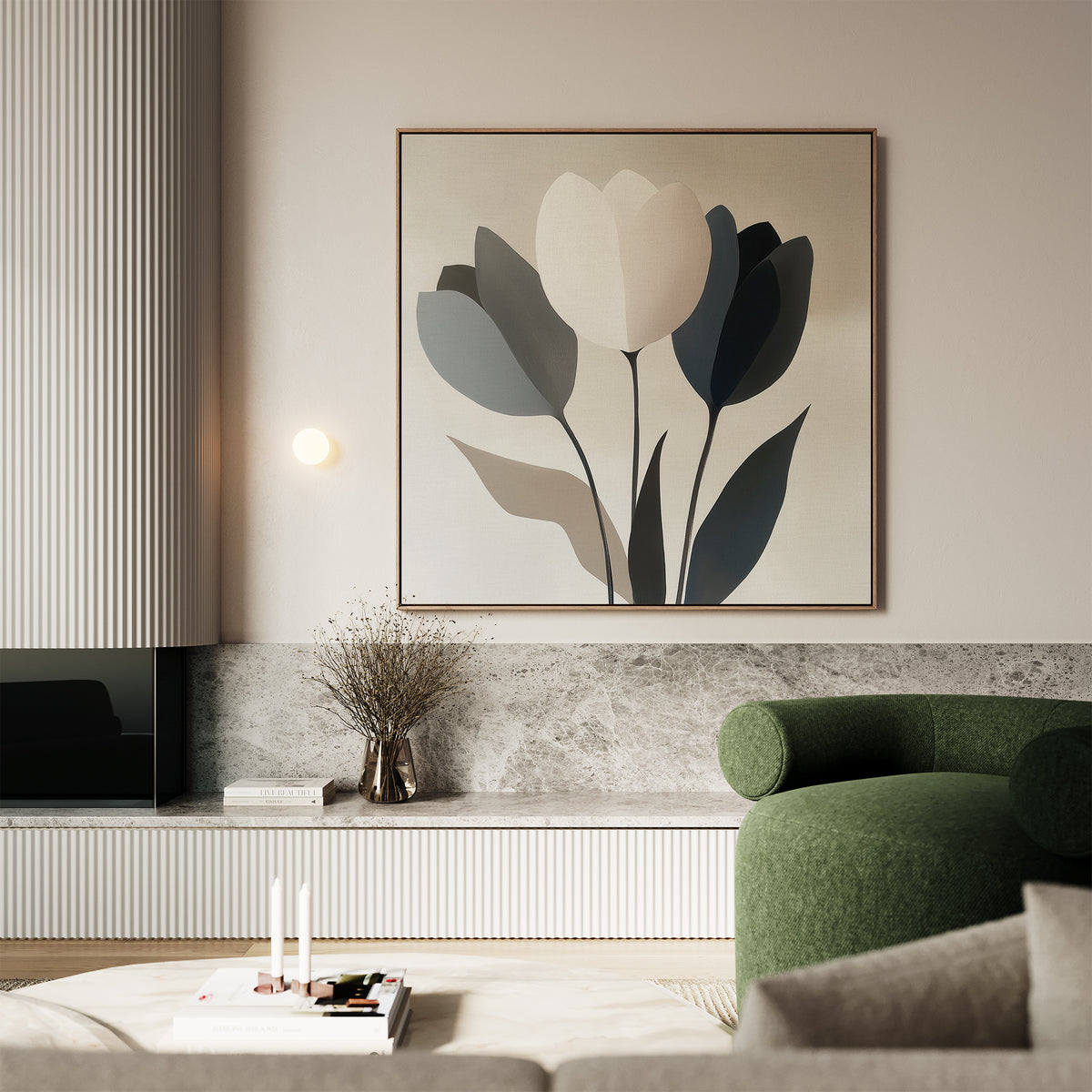 A modern living room features a green armchair, a low marble shelf with a vase of dried branches, and the Muted Elegance Canvas Art on a pale wall. A round coffee table displays books and candles.