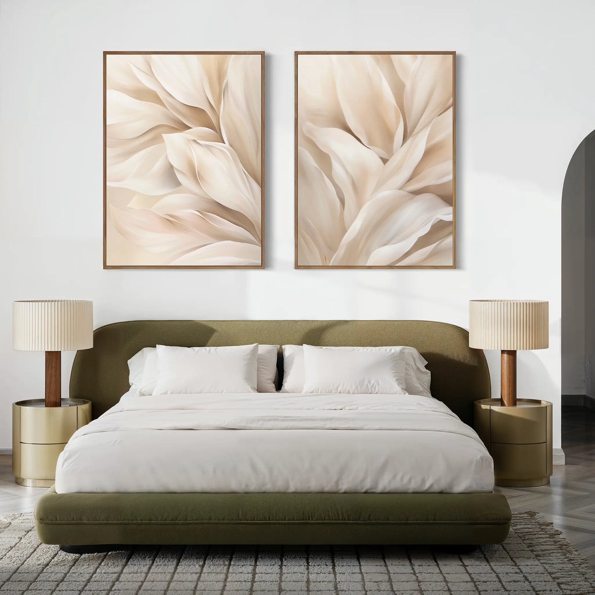 A modern bedroom features a green upholstered bed with white bedding, two Natural Texture Set of 2 nightstands with beige lamps, minimalist wall decor above the headboard, and a patterned area rug on a light wooden floor.