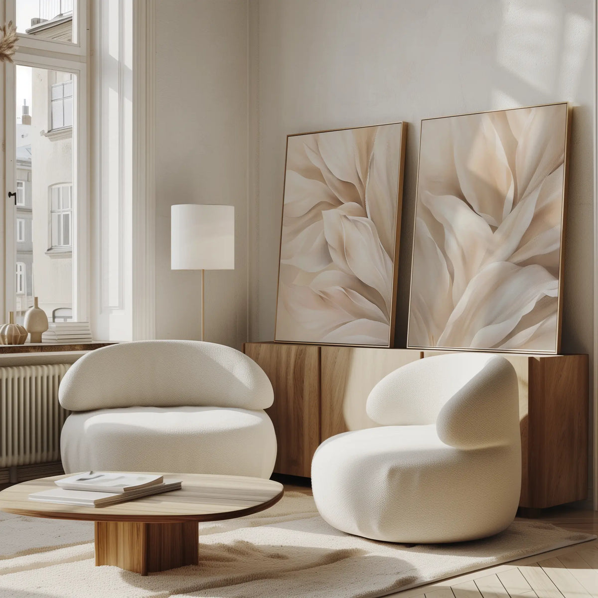 A modern living room with two rounded white armchairs, a low wooden coffee table, a minimalist floor lamp, and the Natural Texture Set of 2 wall art pieces displayed on a wooden sideboard. Sunlight streams through the windows.