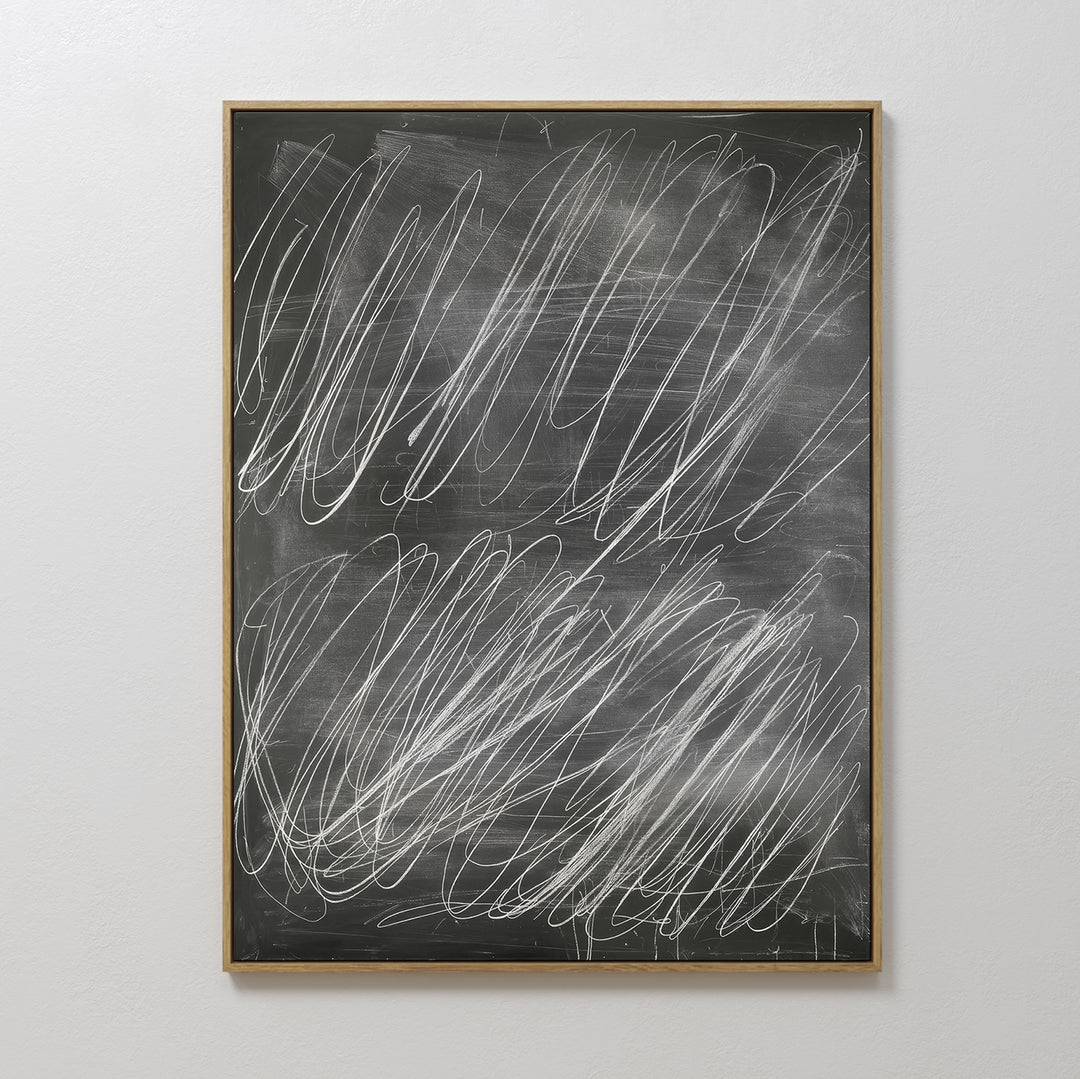 Echoes in Chalk Abstract Canvas Art features bold white loops and scribbles on a dark background, creating a messy yet modern design—ideal minimalist wall décor for contemporary spaces.