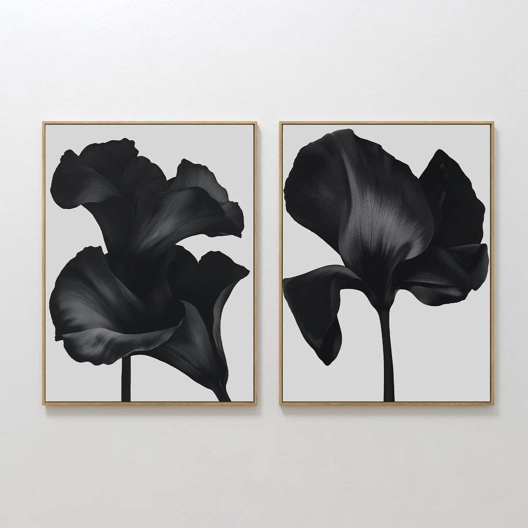 The Noir Bloom Set of 2 features framed wall art prints with black flower silhouettes on light gray, each showing a different broad-petaled bloom in a minimalist, contemporary style, hung side by side on a plain white wall.