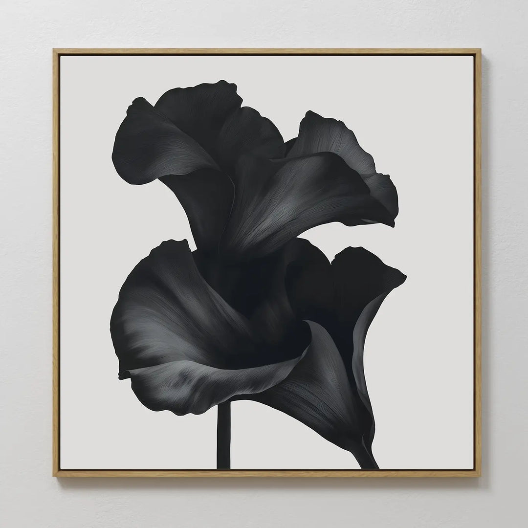 The Noir Bloom Canvas Art - Square features two elegant, dark-toned calla lilies with soft petals on a white background—ideal minimalist wall art for modern living room decor.