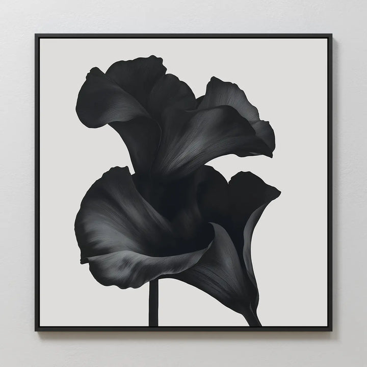 The Noir Bloom Canvas Art - Square showcases two large black calla lilies with elegant petals on a light background, ideal as minimalist wall art or for modern living room decor.
