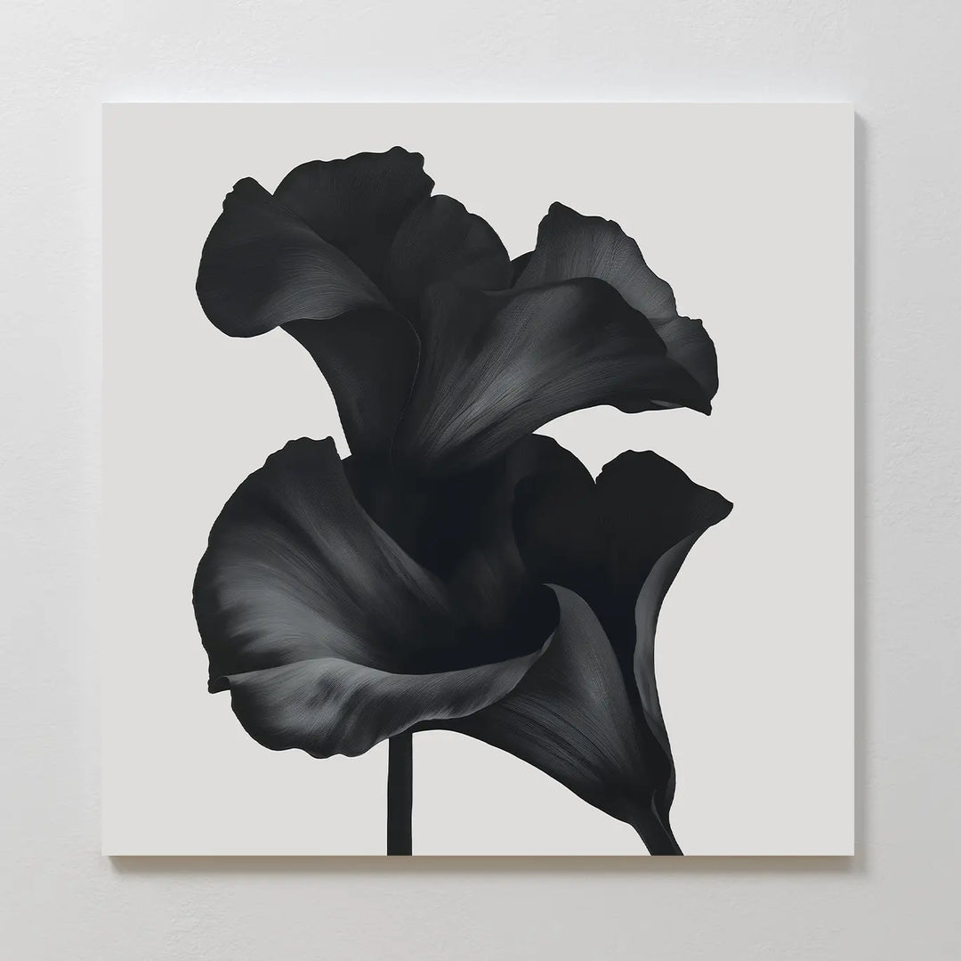 Noir Bloom Canvas Art - Square features two black calla lilies with softly shaded petals on a white background—a perfect piece of minimalist wall art for modern living room decor.