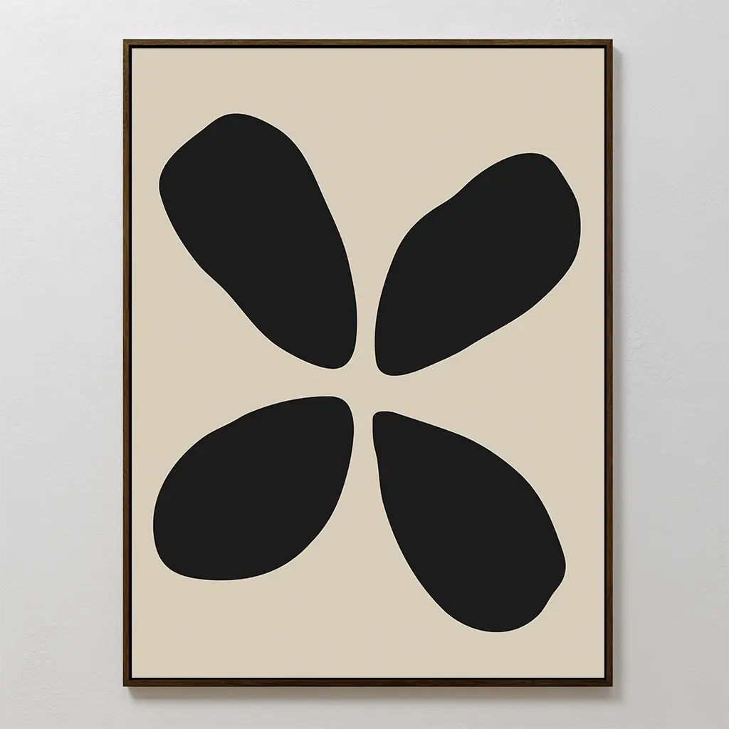 Noir Botanica Canvas Art showcases four bold, abstract black shapes on a beige backdrop, evoking petals or leaves in a minimalist style—ideal for enhancing modern decor.