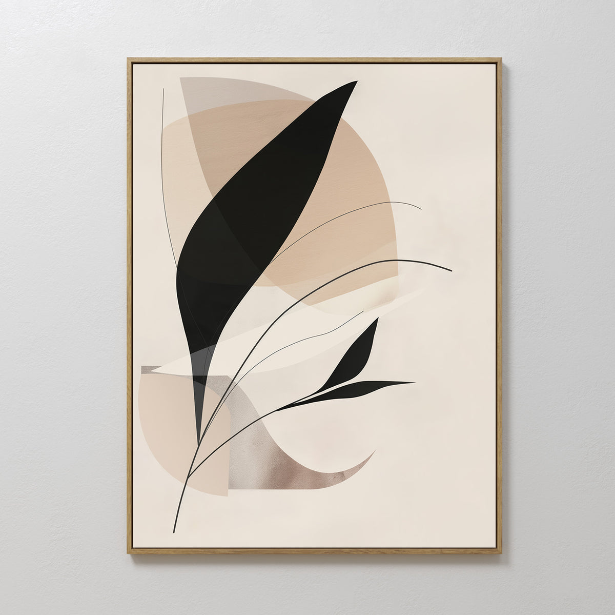 Noir Petals in Motion Abstract Canvas Art features black leaf forms and thin lines atop beige and tan shapes, set in a slim gold frame. Ideal for modern design lovers, it adds stylish flair to living rooms when displayed on a white wall.