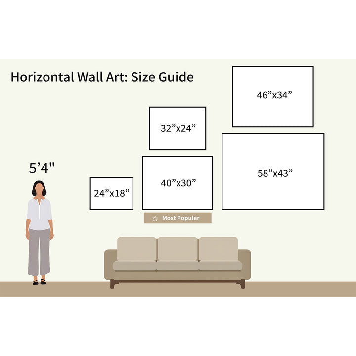 A size guide for horizontal wall art features a 54 woman by a couch, displaying five artwork sizes—including the Hummingbird Motion Canvas Art—above the couch as modern minimalist decor inspiration.