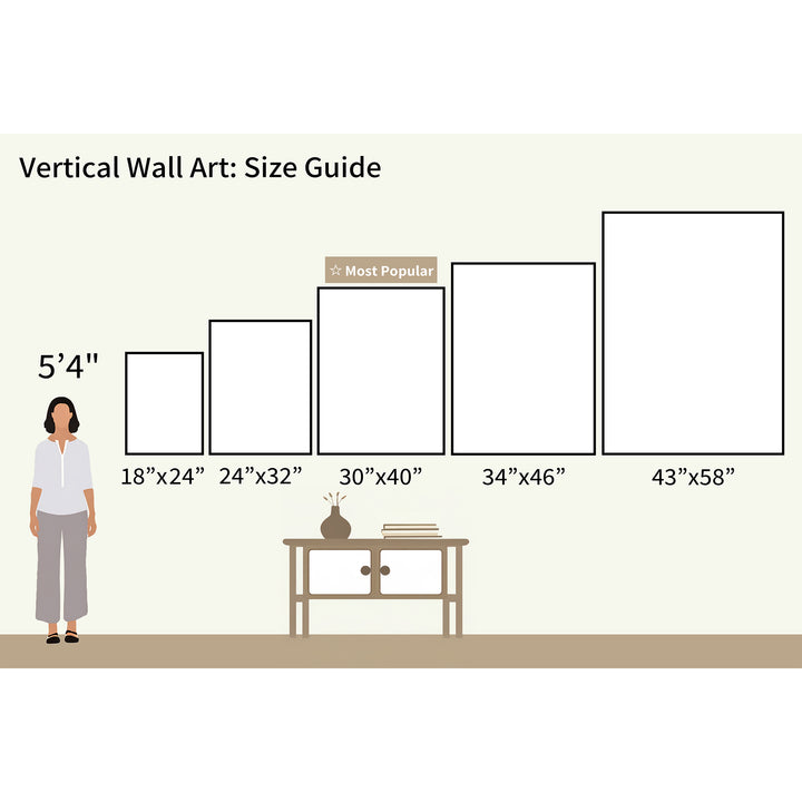 Illustration of a 54 person beside a table with five Dusklake Canvas Art frames (18x24, 24x32, 30x40—most popular, 34x46, 43x58), offering a minimalist size guide for calming living room decor.