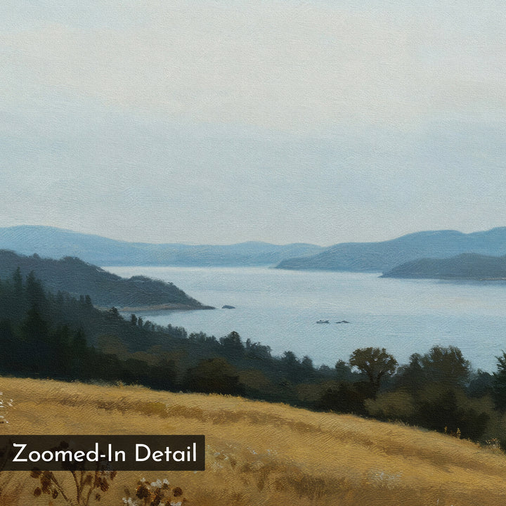 Northern Silence Canvas Art features rolling hills, tranquil water, and distant mountains beneath a pale sky. Golden grass and shrubs fill the foreground. Minimalist wall art with a Zoomed-In Detail in the bottom left corner.
