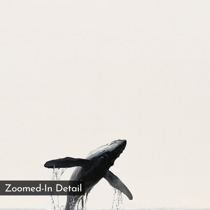 The Ocean Leap Canvas Art shows a whale breaching over the ocean, water splashing against a light background—a minimalist piece to elevate your living room. “Zoomed-In Detail” is labeled in the bottom left corner.