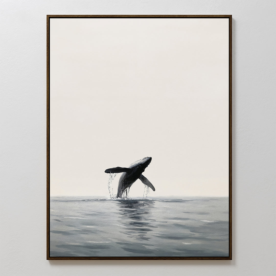 Ocean Leap Canvas Art features a breaching whale in calm waters with gentle splashes and a soft, neutral sky—ideal minimalist wall decor for ocean lovers.