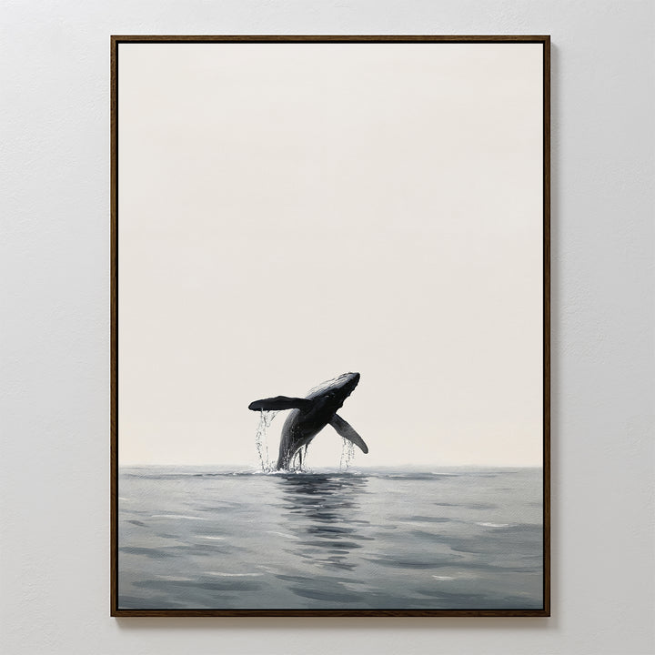 Ocean Leap Canvas Art features a breaching whale in calm waters with gentle splashes and a soft, neutral sky—ideal minimalist wall decor for ocean lovers.
