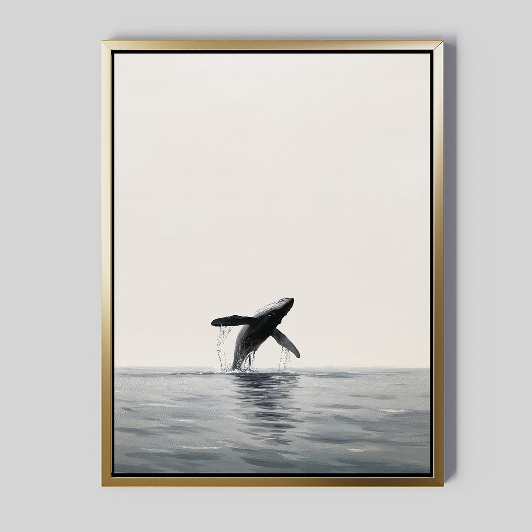 Ocean Leap Canvas Art showcases a minimalist framed painting of a whale breaching above calm ocean waters, using a serene, muted palette and simple background—ideal for bringing tranquility to any space.