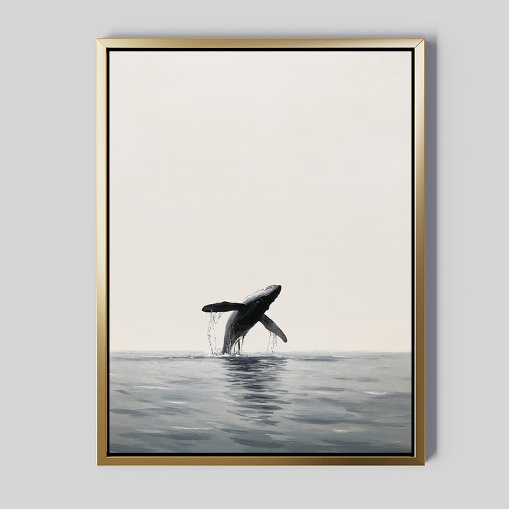 Ocean Leap Canvas Art showcases a minimalist framed painting of a whale breaching above calm ocean waters, using a serene, muted palette and simple background—ideal for bringing tranquility to any space.