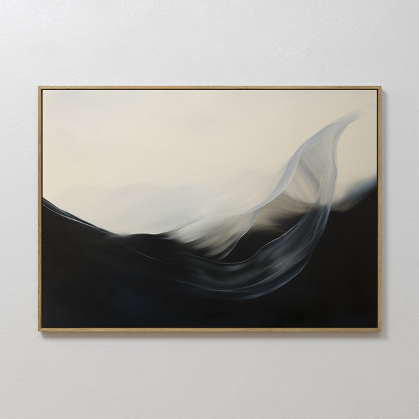 Oceanic Pulse Abstract Canvas Art features wave-like forms in black, gray, and white on a beige background, framed in gold—ideal minimalist wall art to enhance your living room decor on a textured white wall.