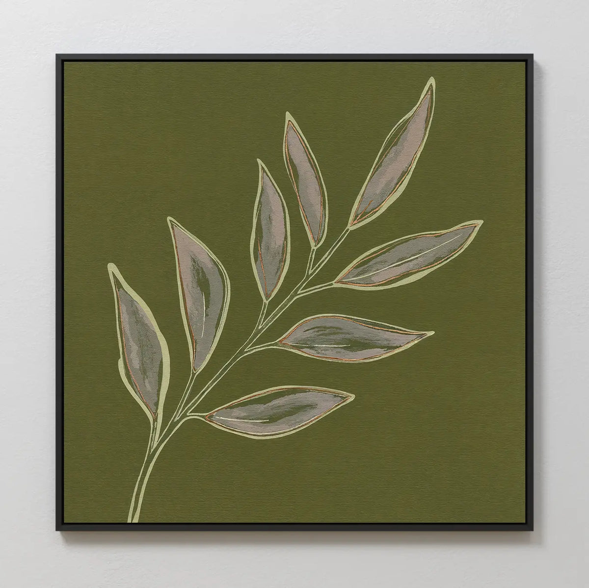 The Olive Branch Canvas Art features a minimalist painting of a leafy branch with eight leaves in light green and tan on an olive background, framed in black—an ideal accent for modern living room decor.