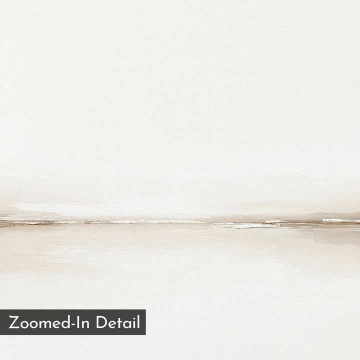 Pale Desert Canvas Art features minimalist abstract design with soft beige and white tones and horizontal brushstrokes evoking a calm landscape. Perfect for modern living room decor, it includes a corner label reading "Zoomed-In Detail.