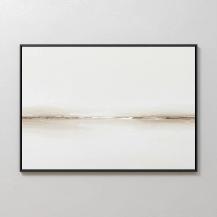Pale Desert Canvas Art: Minimalist wall decor in a black frame featuring a light beige background and a soft horizontal brown line, evoking a serene landscape—ideal modern canvas art for your living room.