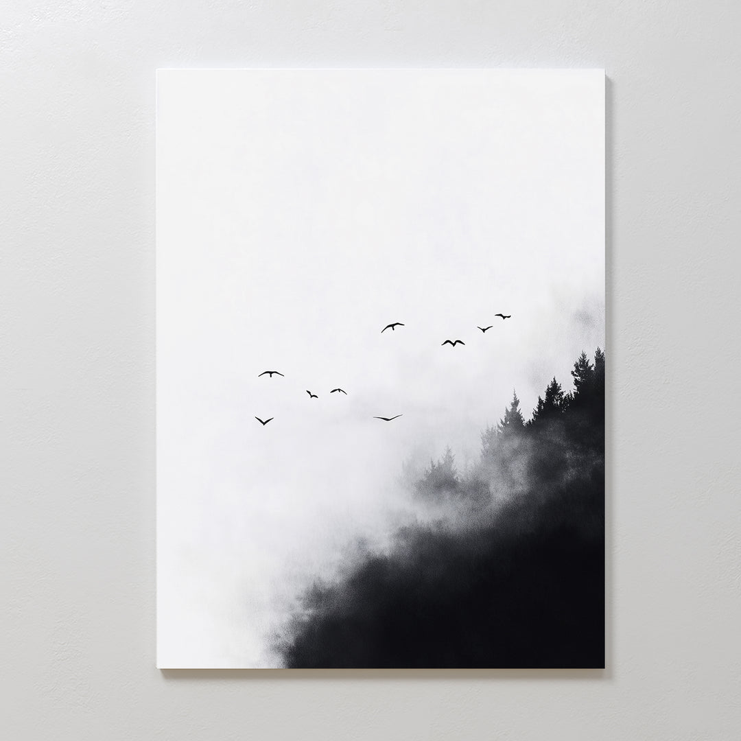 Passing Pines Canvas Art features black bird silhouettes soaring above misty treetops on a white background—ideal as minimalist large wall art for modern spaces.