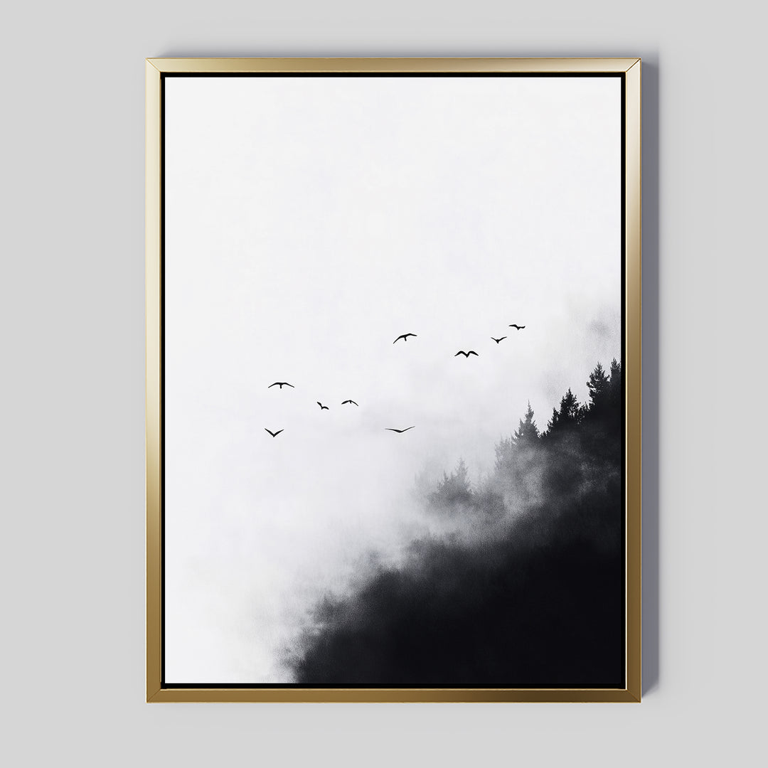 Passing Pines Canvas Art: Minimalist wall art of a dark forest with tree silhouettes in mist on white background, a flock of birds above, and an elegant gold frame—perfect large wall décor for any space.