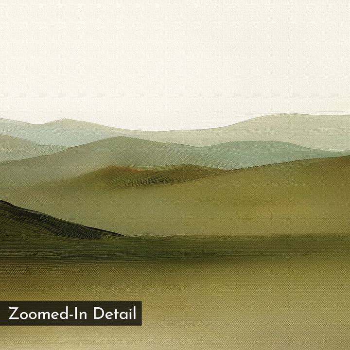 Pastoral Peace Canvas Art showcases soft, overlapping green and brown hills beneath a pale sky. With its canvas-like texture and "Zoomed-In Detail" label, it's the perfect minimalist wall art for a stylish living room.