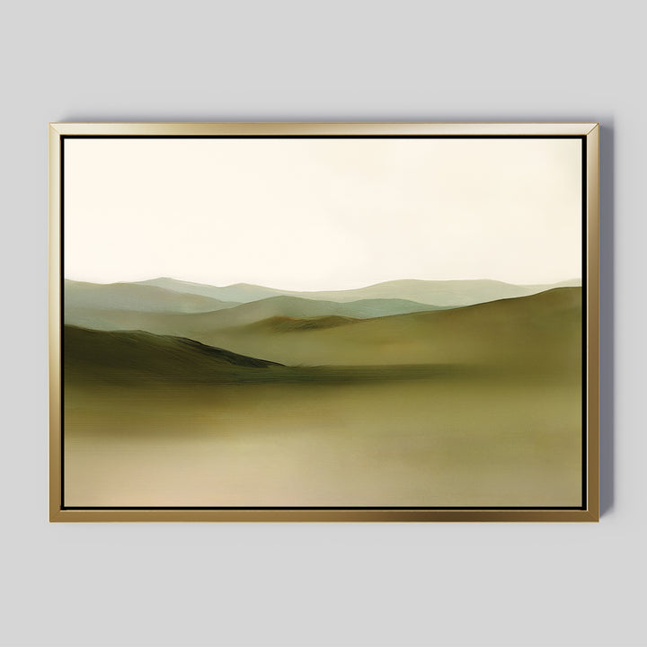 Pastoral Peace Canvas Art features soft, rolling hills in muted green and beige with a pale sky—ideal minimalist wall decor for serene art lovers. Displayed on a plain grey wall, it complements any tranquil space.