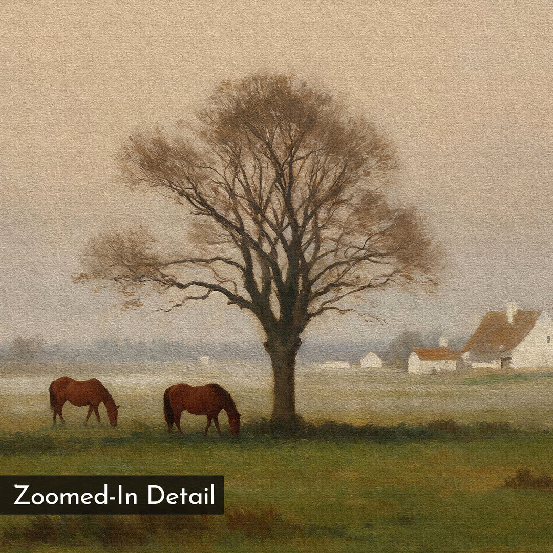 Pasture Morning Canvas Art features a soft, painterly rural scene of two brown horses grazing near a leafless tree in a grassy field, with white cottages and mist in the background. 'Zoomed-In Detail' appears at the bottom left—ideal for wall décor.