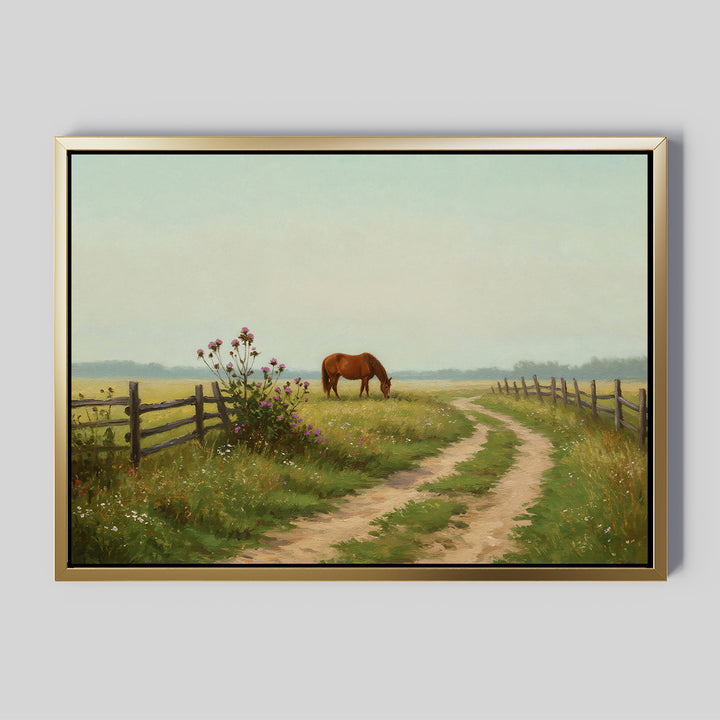 The Pasture Path Canvas Art features a rustic rural scene with a brown horse grazing in a grassy field, a dirt path, wildflowers, and wooden fences beneath a hazy sky—ideal for adding countryside charm to any room.