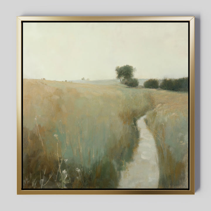 Path Through the Meadow Canvas Art is perfect wall decor for nature lovers, showcasing a narrow winding path through golden grasses and wildflowers, leading to distant trees beneath a hazy sky.
